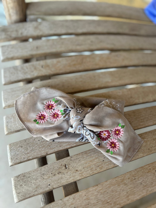 Tan Bandana with Embroidered Flower Clusters